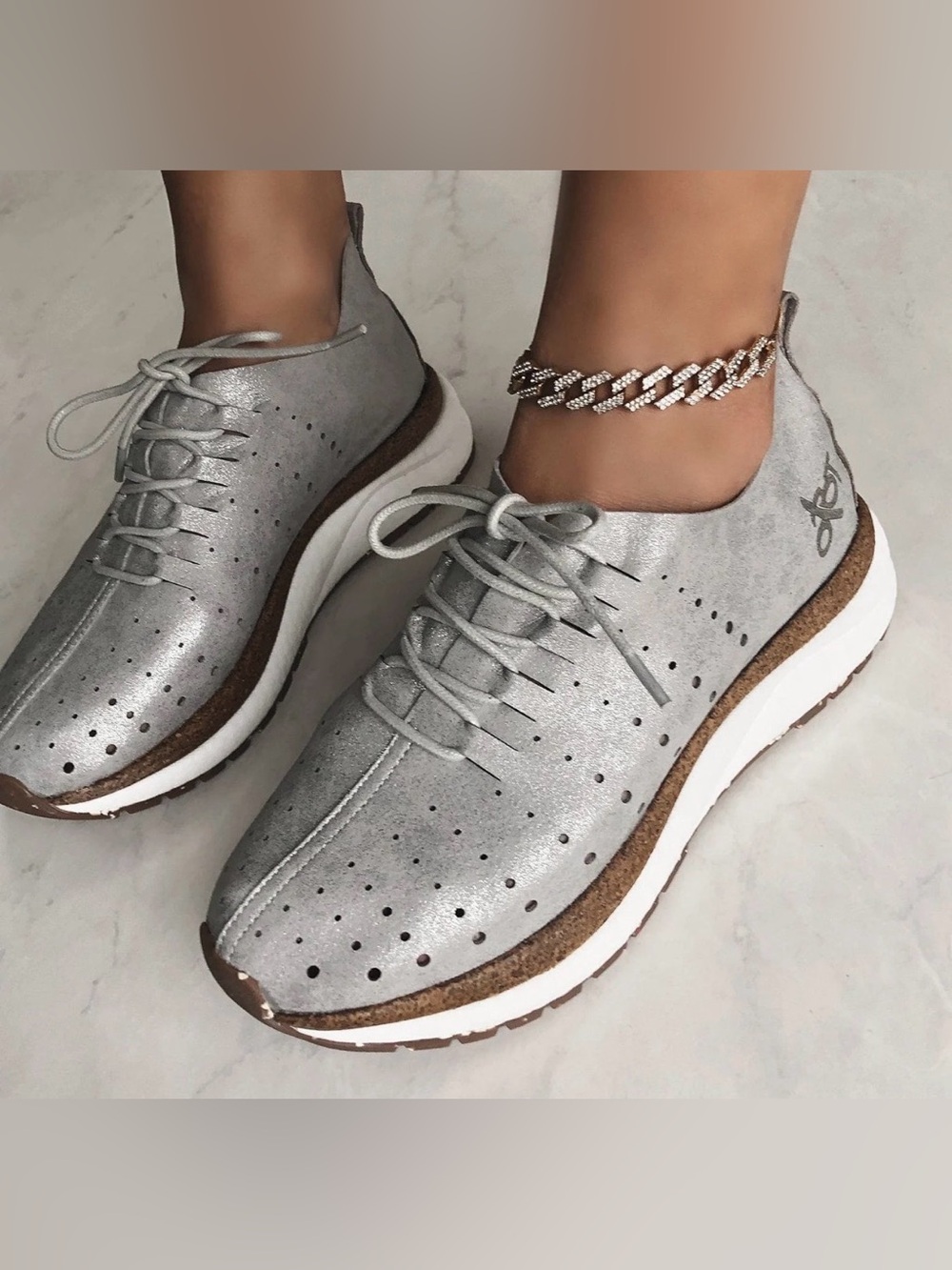 Woman OTBT Silver Gray Perforated Lace-Up Sneaker with Cork Trim US 10